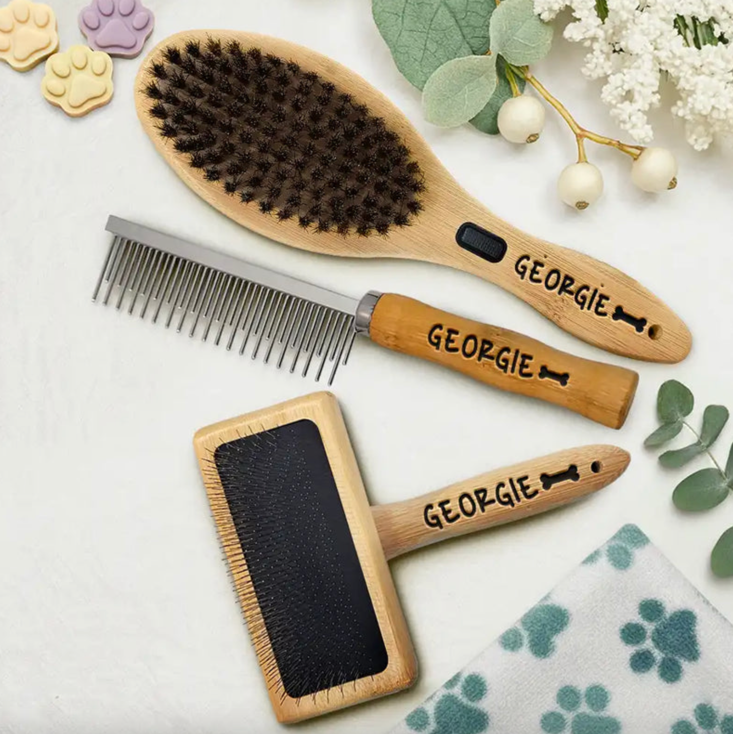 Custom Laser Engraved Name And Icons - Personalized Pet Grooming Set