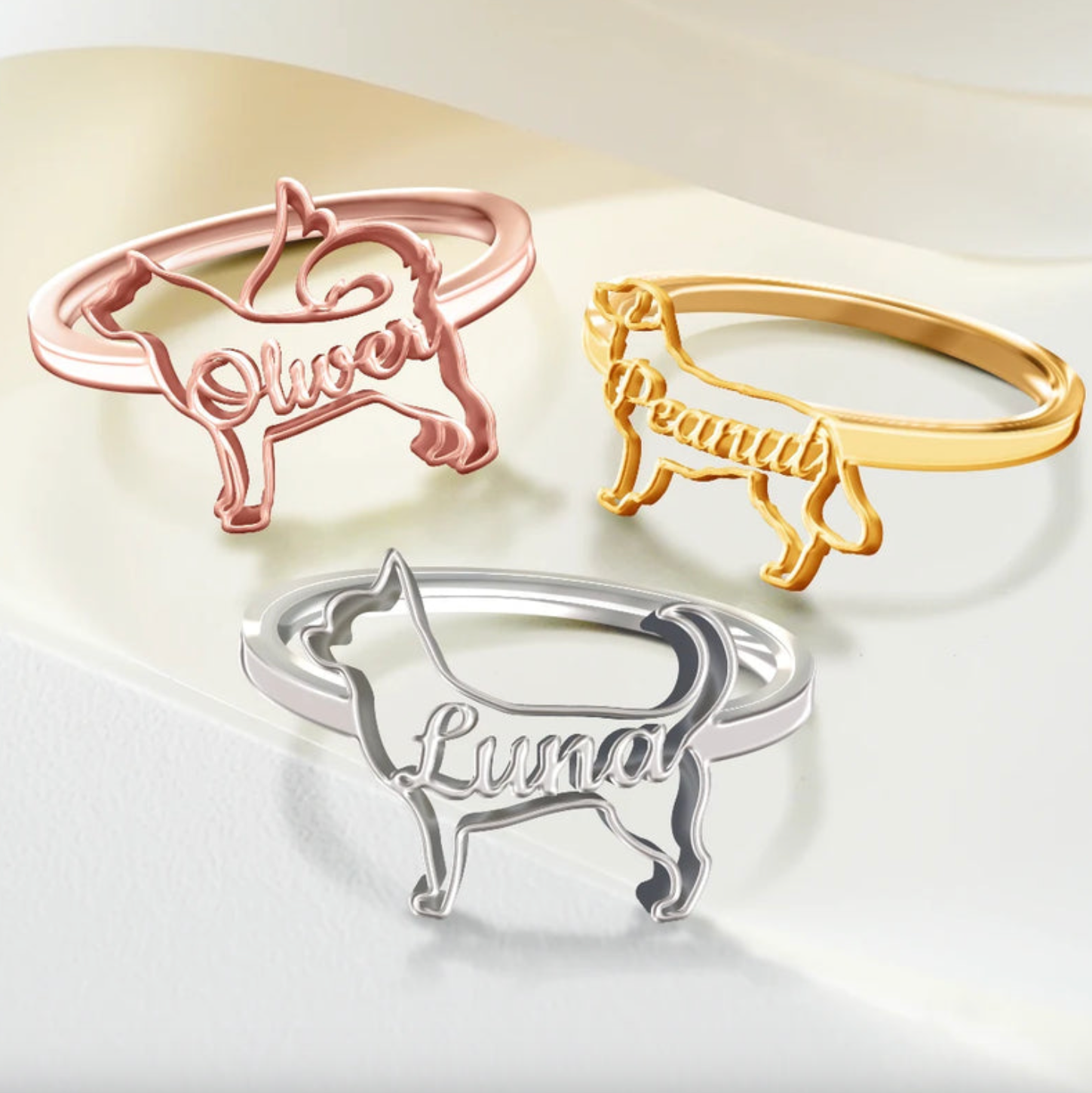 Cute Minimalist Dog Shaped Jewelry For Dog Lovers Dog Mom - Personalized Pet Silhouette Name Ring