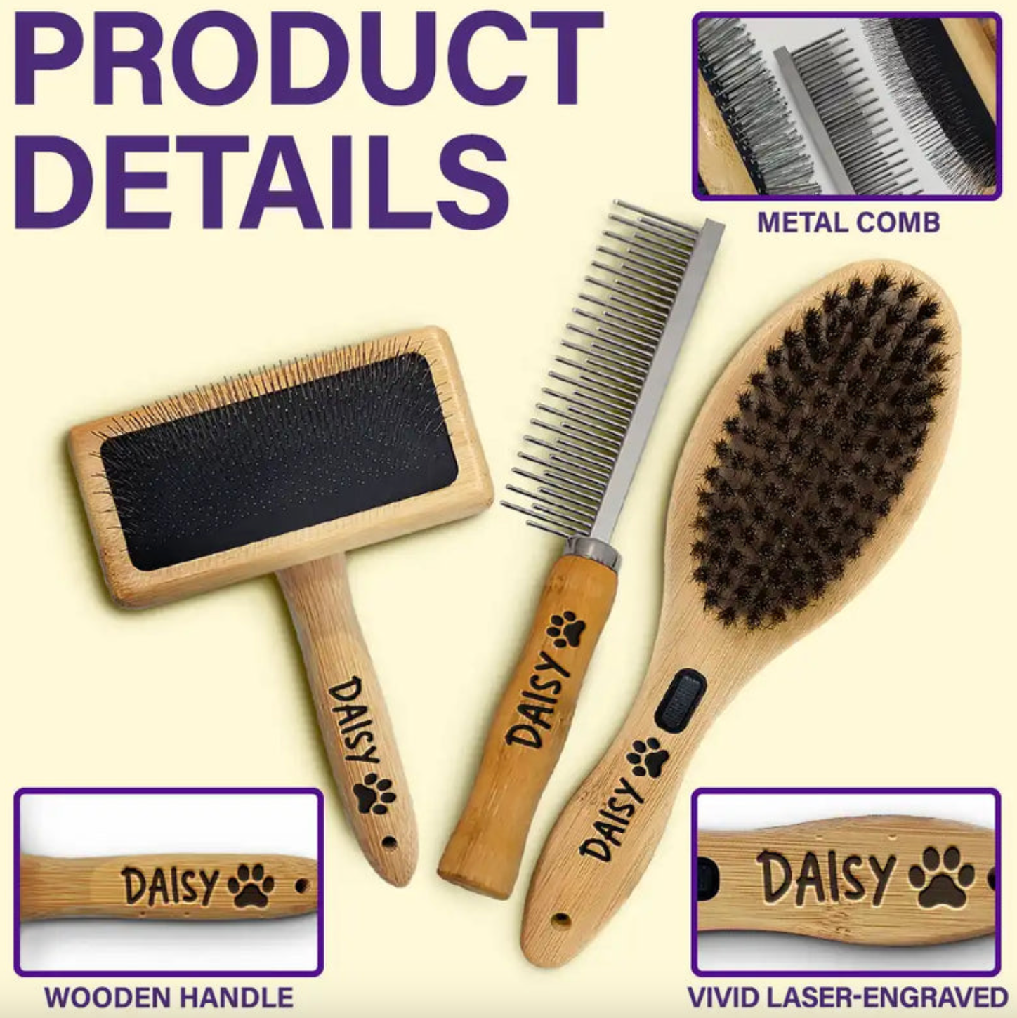Custom Laser Engraved Name And Icons - Personalized Pet Grooming Set